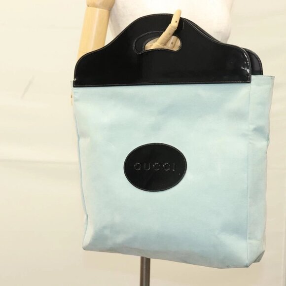 GUCCI Hand Bag Suede Light Blue Black 002 8000 Auth - Picture 13 of 15